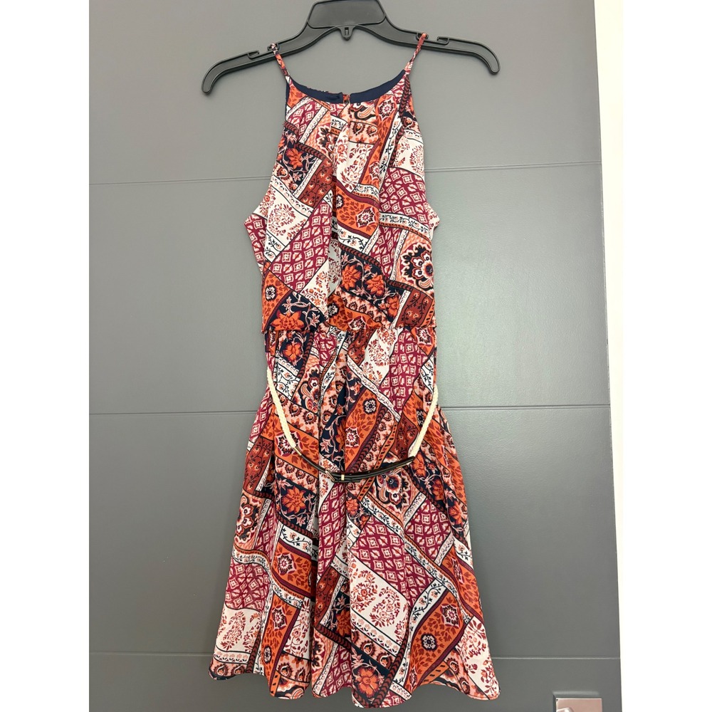 By & By Womens Halter‎ Mini Dress Orange Navy Patchwork Paisley Belted Size M